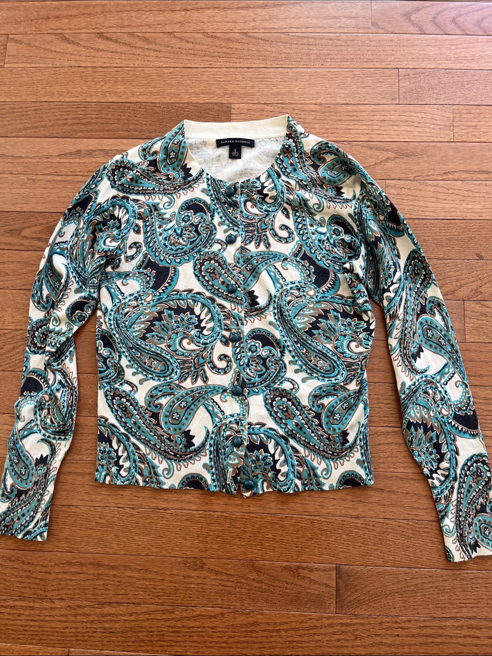 Banana Republic Cream & Teal Paisley Button-Up Cardigan